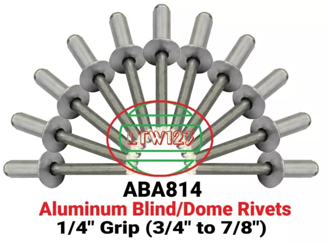 (20 Pcs)  Aluminum  Rivets 1/4 x Grip ( 3/4" to 7/8" (ABA814)