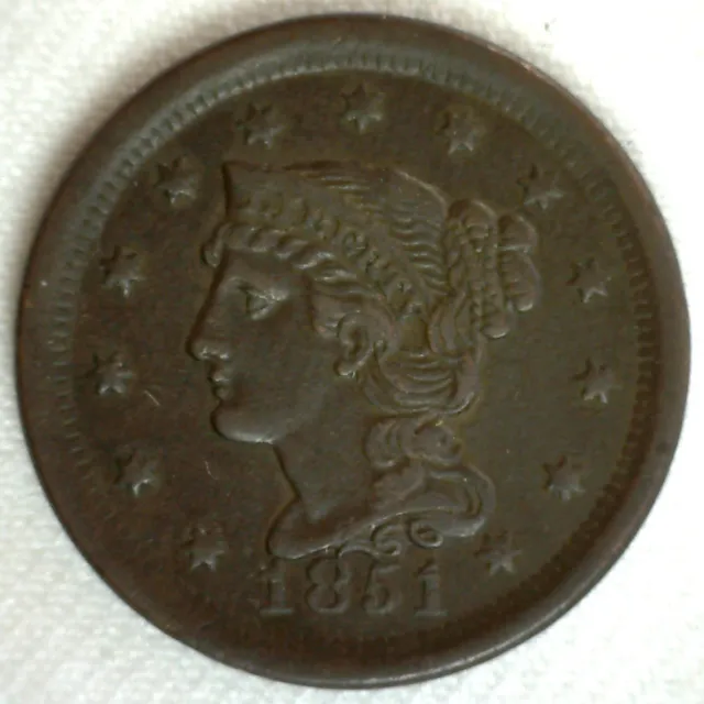 1851 Braided Hair US Large One Cent 1c Coin Extra Fine Copper Penny