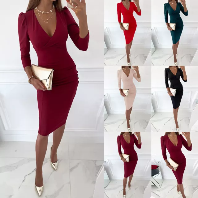 Sexy Womens V Neck Long Sleeve Midi Dress Evening Party Gown Cocktail Bodycon US