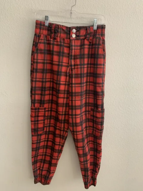 SALE Women's Almost Famous Red & Black Plaid Pants, Size M, Pre-Owned