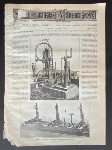 1884 VTG Scientific American Cover Pg ~ London Berry Orton Logging Band Saw Mill