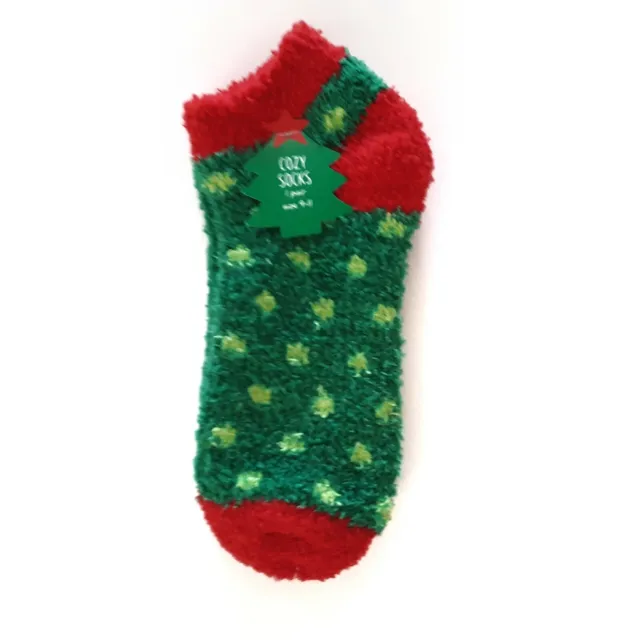 Made for Retail Womens Cozy Holiday Ankle Socks 9-11 Fuzzy Red Green Dot 1 Pair
