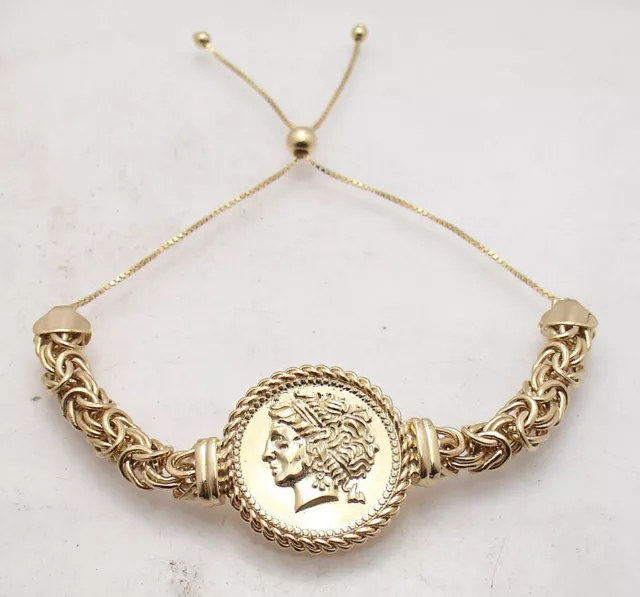 Adjustable Lira Coin Byzantine Link Bracelet REAL 14K Yellow Gold ALL WRISTS