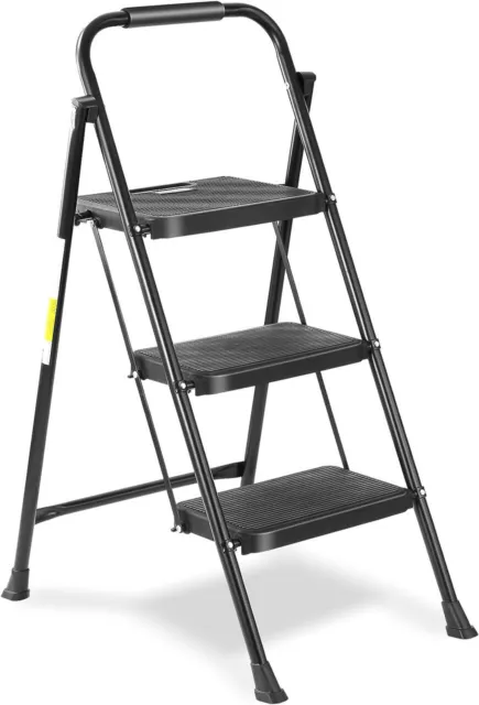 Steel Folding 3-Step Stool Ladder Adults With Soft-Grip Handle 330 Lbs Black