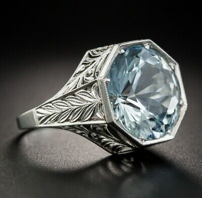 Art Deco Style Solitaire 16.06CT Round Aquamarine Solid 925 Sterling Silver Ring