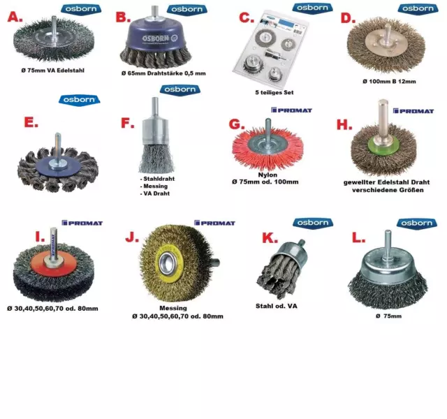 OSBORN / PROMAT Industrie Bürsten für Bohrmaschinen / Akkuschrauber Drahtbürsten