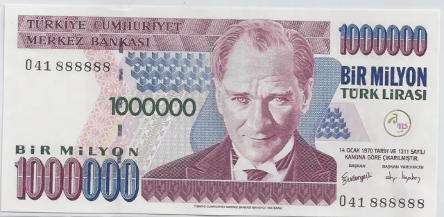 TURKEY 1000000 LIRA  FANCY SOLID SERIAL # 888888 RARE BANKNOTE LUCKY NUMBERS 8's
