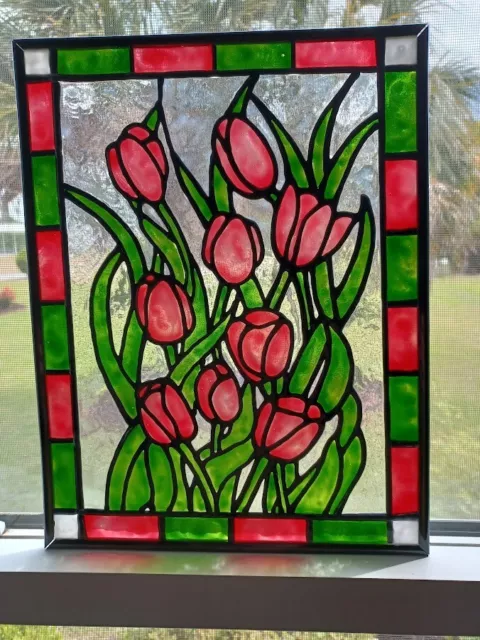 Pink Tulips Stained Glass Window Panel Hand Painted