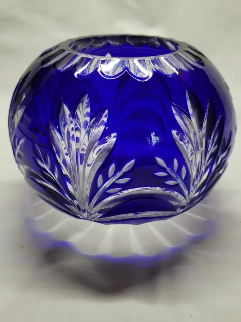 Bohemian Glass Cobalt Blue Cut To Clear Crystal Rose Bowl 4” Tall