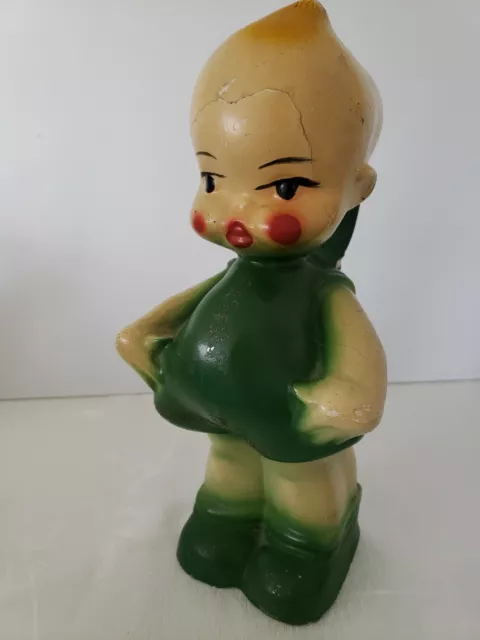 Large Vintage 1930s Chalkware winged  Kewpie green dress Statue 11 3/4" Tall