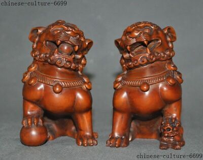 old Chinese Boxwood wood Hand-carved Foo dog lion Door guard Keeper statue Pair