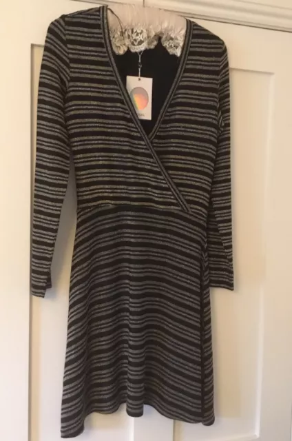 Monki Metallic Black Gold Silver A Line Dress Size XS 8 -10 New With Tags