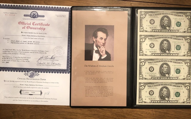 World Reserve Monetary Exchange Uncut Sheet of $5 Dollar Bills 1995 With COA