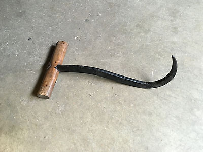 Antique Primitive Cast Iron Ice Log Hay Large Hook w/ Wood Handle