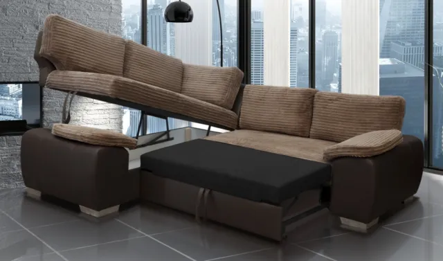 New Corner Sofa Bed Enzo Brown Jumbo Cord Fabric Leather With Storage Left Hand