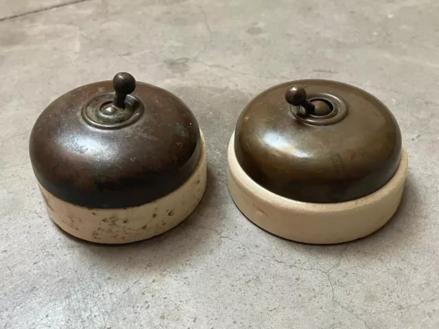 Old Vintage Rare 2 Pc Vitreous Brass & Ceramic Electric Toggle Switches, Germany