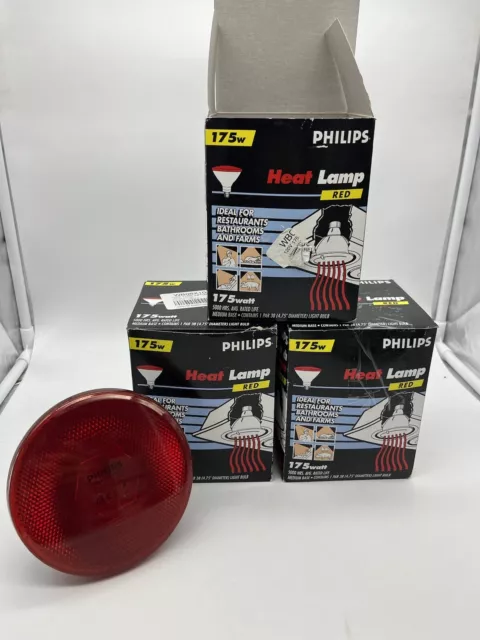 3- Philips 175W Red Heat Lamp Restaurant Bathroom Farm Medium Par38 Light Bulbs