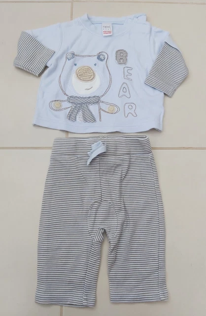 NEXT Baby Boy Girl Bear Top and Trouser Set Outfit Blue & Brown Stripe 0-3 month