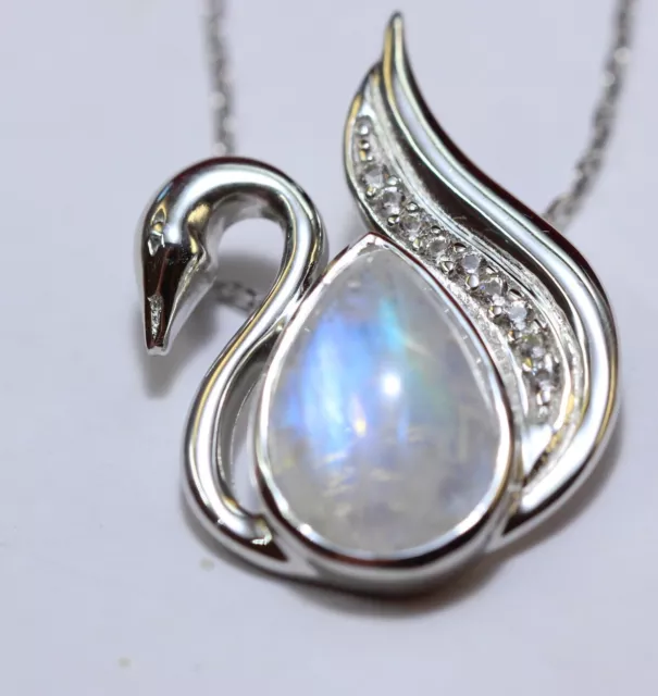 Noble 2,9 Carat Pierre de Lune Cygnes Pendentif 925 Argent Collier Chaîne Zircon