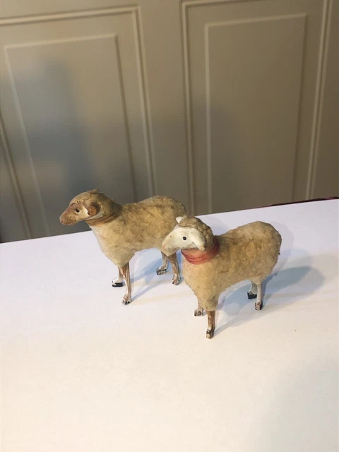 Pair Of Vintage Mini Stick Leg Wooly Sheep Putz Nativity Lambs Farm Animals 2”