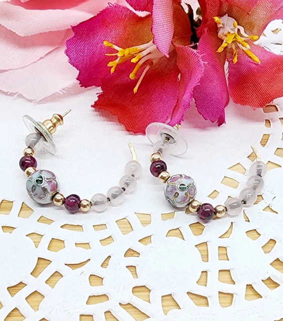 Vintage Glass Lamp Work Beaded White Pink Burgundy Floral Print C Hoop Earrings