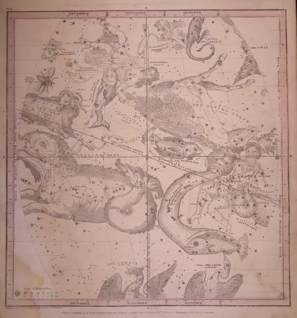 1835 Star Chart CONSTELLATIONS - ARIES, PEGASUS, AQUARIUS Map by Burrett -#022