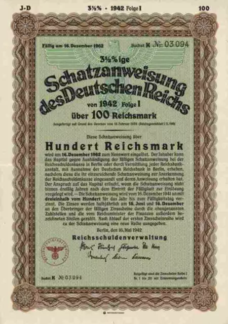 DEUTSCHES Reich Schatzanweisung 1942 Berlin Adler 100 RM Schultzenstein Buchst K