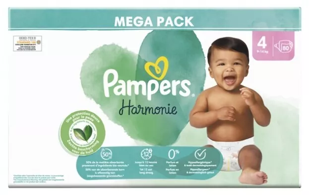 Mega Pack 80 Couches PAMPERS HARMONIE Taille 4 (9 à 14 KG) Changes Bébé Baby dry