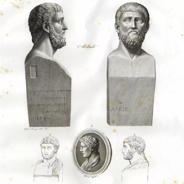 Grèce Athènes Buste Sculpture Portrait de Alcibiade gravure originale XIXe