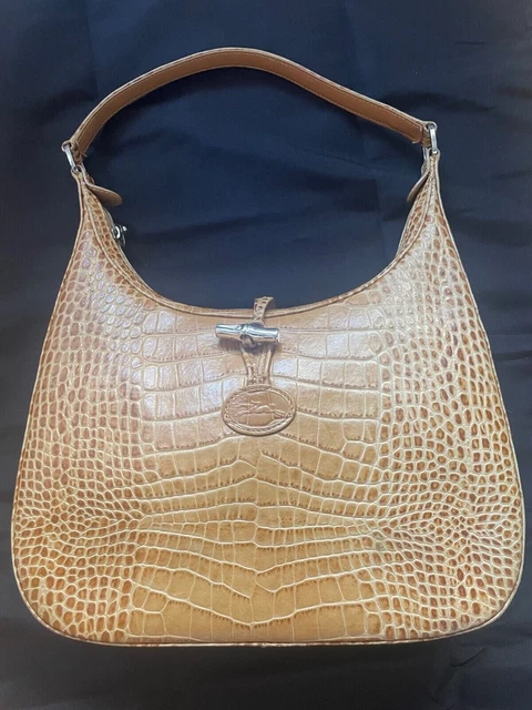 Longchamp Roseau Honey Tan Crocodile Embossed Leather HandBag - NEW