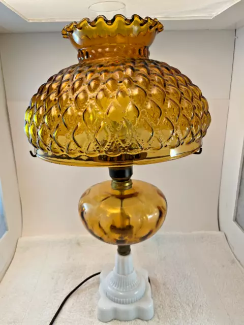 VTG Aladdin Amber & Milk Glass  Oil Lamp w/ Amber Quilted Fenton Shade