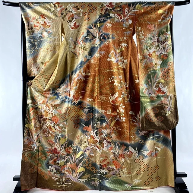 Japanese kimono SILK"FURISODE" long sleeves, Gold, Signe, BF, Plants,L5'6"..3190 2