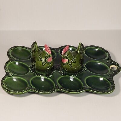 Vintage Japan Green Ceramic Egg Plate with Chicken / Hen Salt & Pepper Shakers