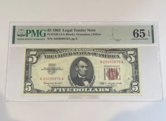 1963 $5 Legal Tender Note Red Seal Fr.1536 Aa Block Pmg Gem Unc 65 Epq