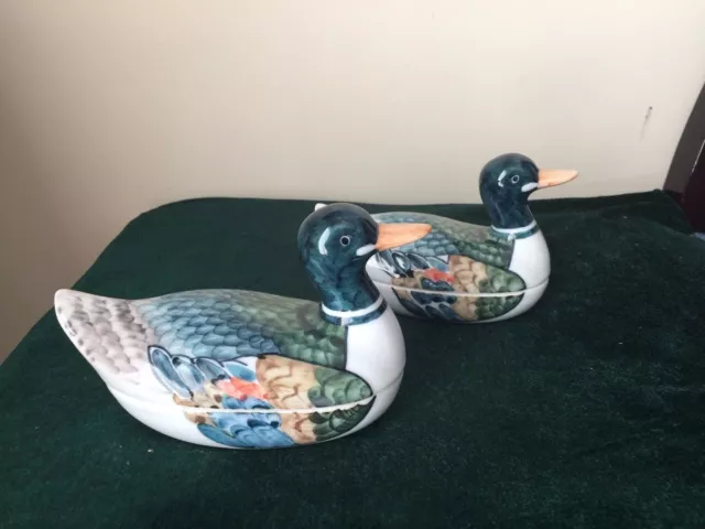 Beautiful pair of Hand painted duck tureens, colorful fine china signed