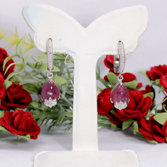 8 X 11 Mm. Rot Rubin & Weiß Cubic Zirkonia Ohrringe 925 Sterlingsilber