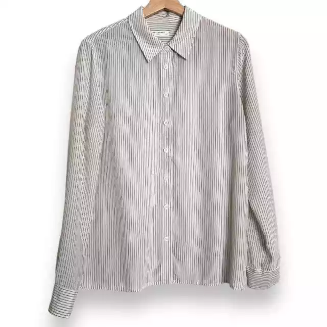 Equipment Femme 100% Silk White and Black Striped Button Up Blouse Women's L