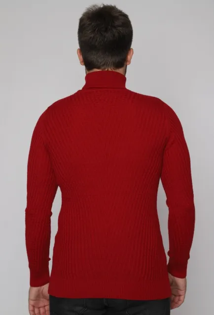 Maglione uomo slim fit maglioncino cardigan collo alto dolcevita rosso lupetto M 3