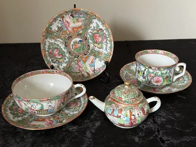 Antique Chinese Canton Famille Rose Tea Pot, 2 x Tea Cups & 3 x Saucers (6 pcs)