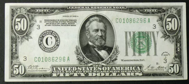 1928-A $50 GOLD ON DEMAND  Fr# 2100-C  2 Folds XF Federal Reserve Note