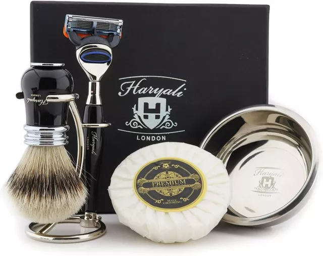 Haryali London Luxury Black Mens Shaving Kit with 5 Edge Razor, Brush,and Bowl