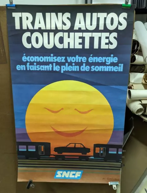 Affiche  Ancienne Trains Autos Couchettes Sncf Chemin De Fer A Carrier 1980