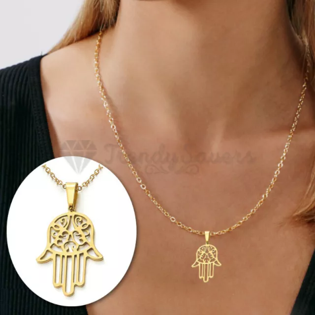 Gold Filled Stainless Steel Hand of Fatima Hamsa Pendant Evil Eye Charm Necklace