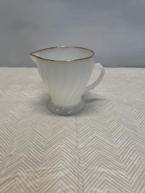 Anchor Hocking Fire King Swirl Milk Glass Gold Rim Creamer no chips 3.5" tall