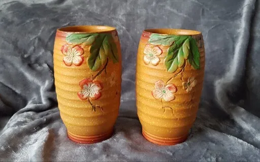 Vintage Studio Pottery Vases Rustic Terracotta Sculpted Flowers Handpainted X2