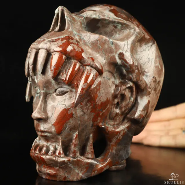6.2" Chinese Bloodstone Hand Carved Crystal Skull Fine Art Sculpture, Healing
