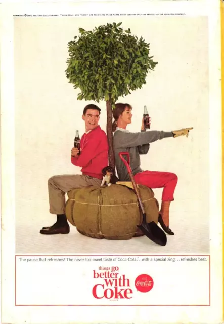 1964 Coca Cola Print Ad Couple & Beagle Dog Under Tree Drinking Coke Vintage