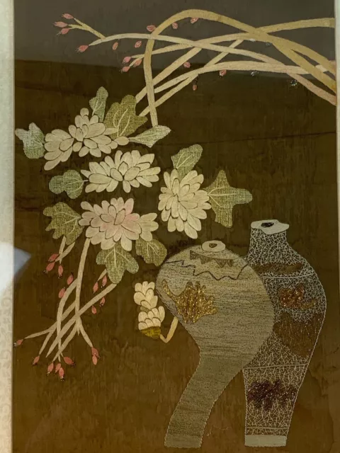 Embroidery on Silk Asian Floral - Mid Century Wood Framed rounded corners - 1