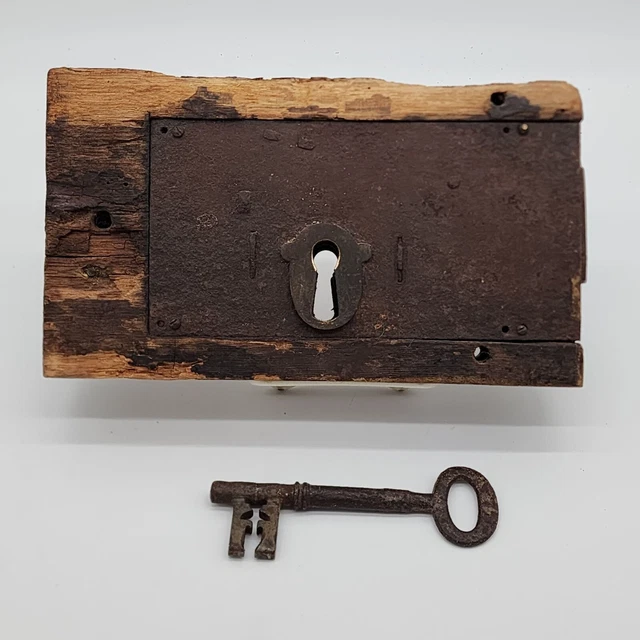 Antique 19th Century English Wrought Iron Door Lock in Wooden Frame With Key