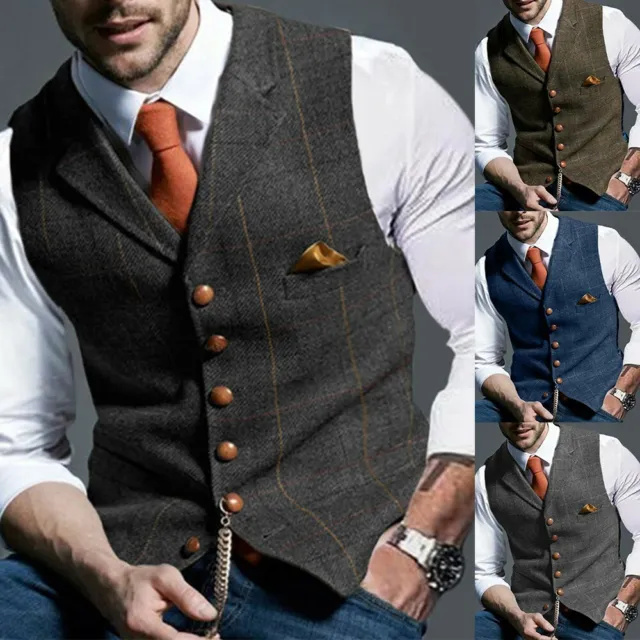 Uomo Tweed-Waistcoat Verde Dentellato Bavero Plaid Vintage Wool-Vest Pesce S-3XL 4
